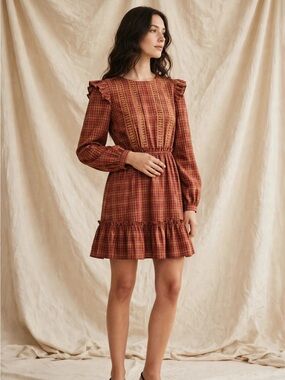 NWT In February Ember Rust Plaid Flannel Embroidered Mini Dress M
